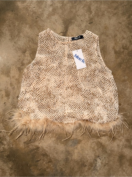 blue b Tops - Blue B Feather Trim Speckled Sheer Crop Top NWT Small Statement Piece